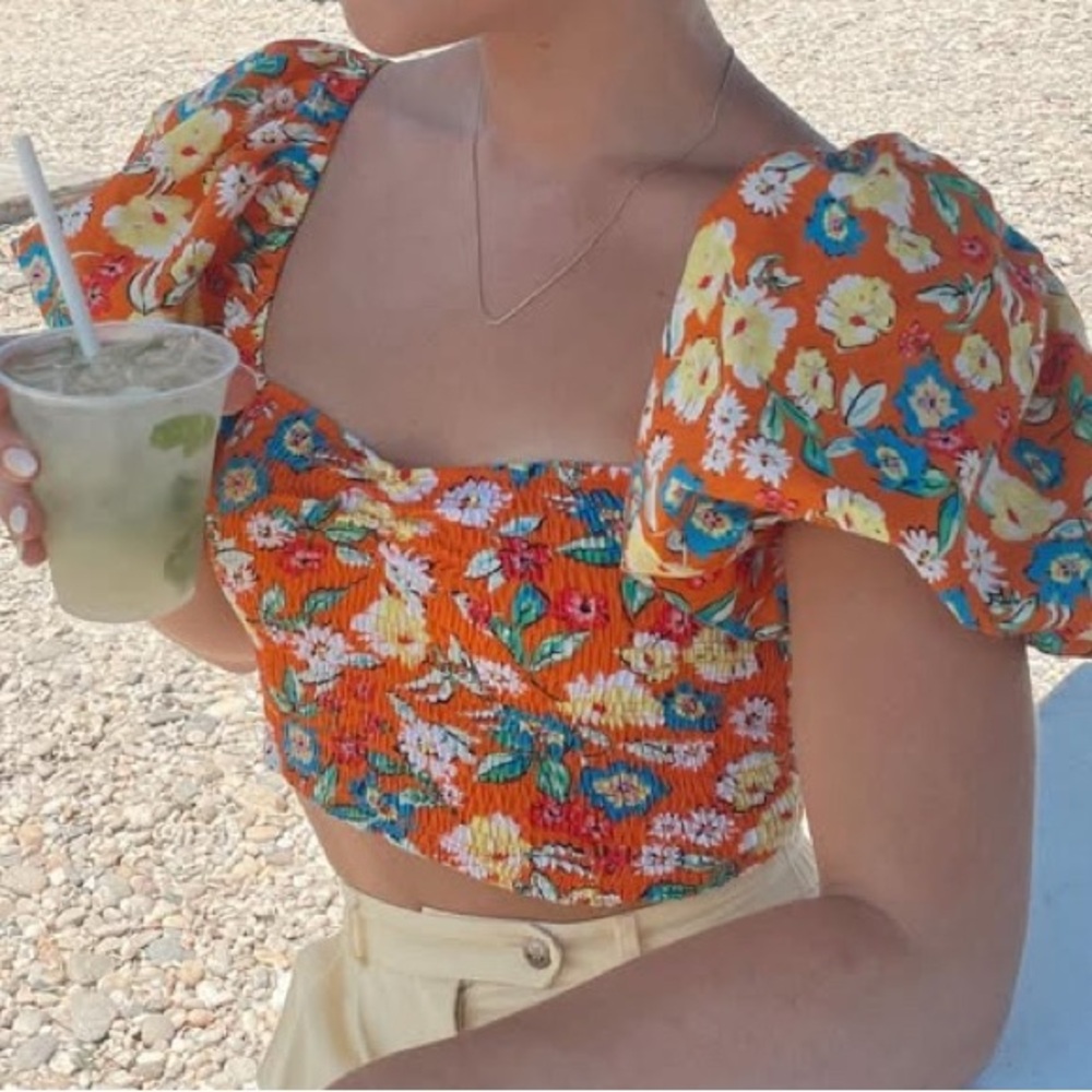 Zara Orange Floral Print Crop Top, size Medium